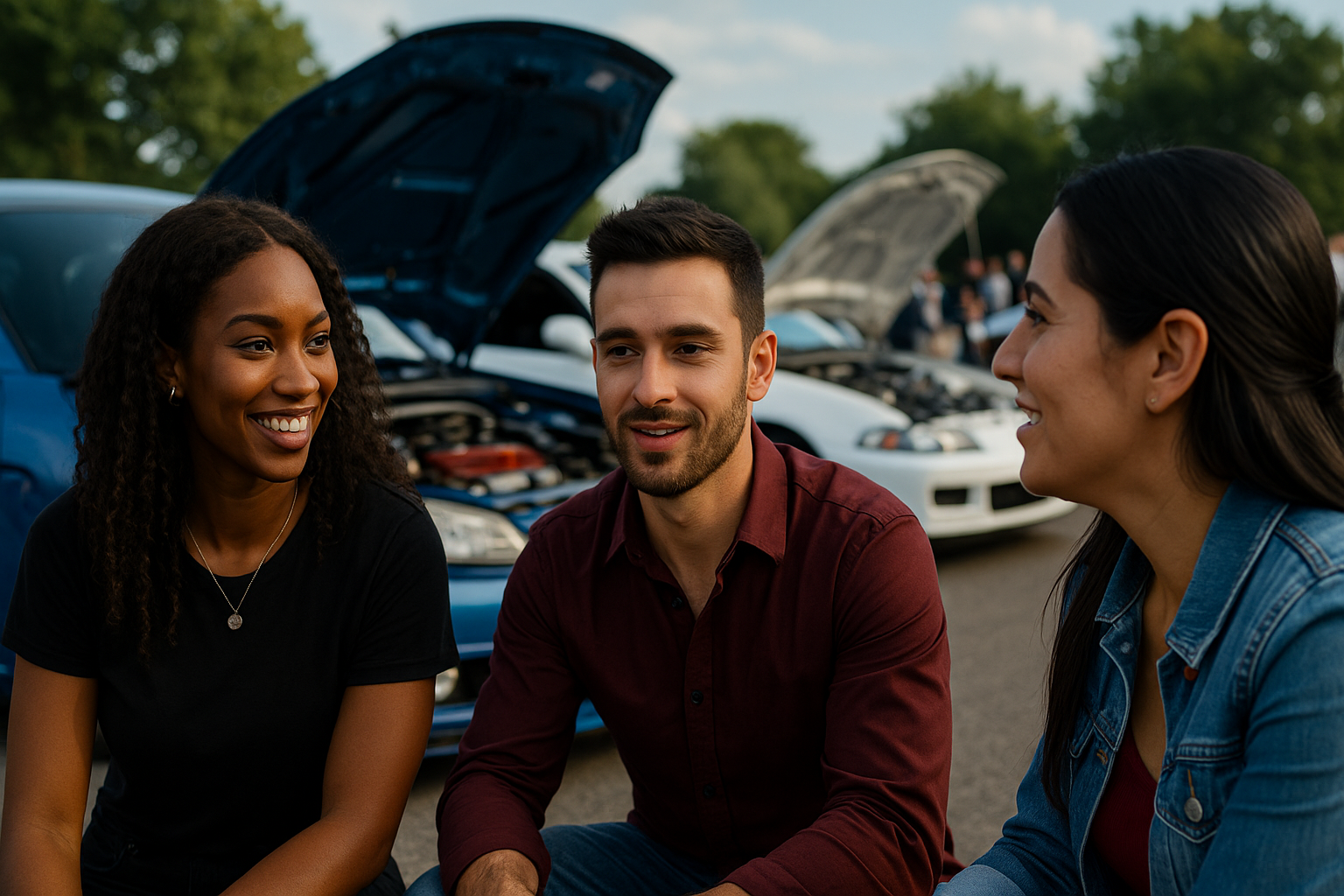 Friends talking at a car meet, representing the CarReport community